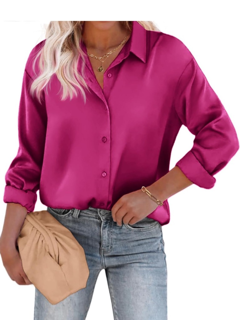 Satin Button-Front Blouse - Hot Pink